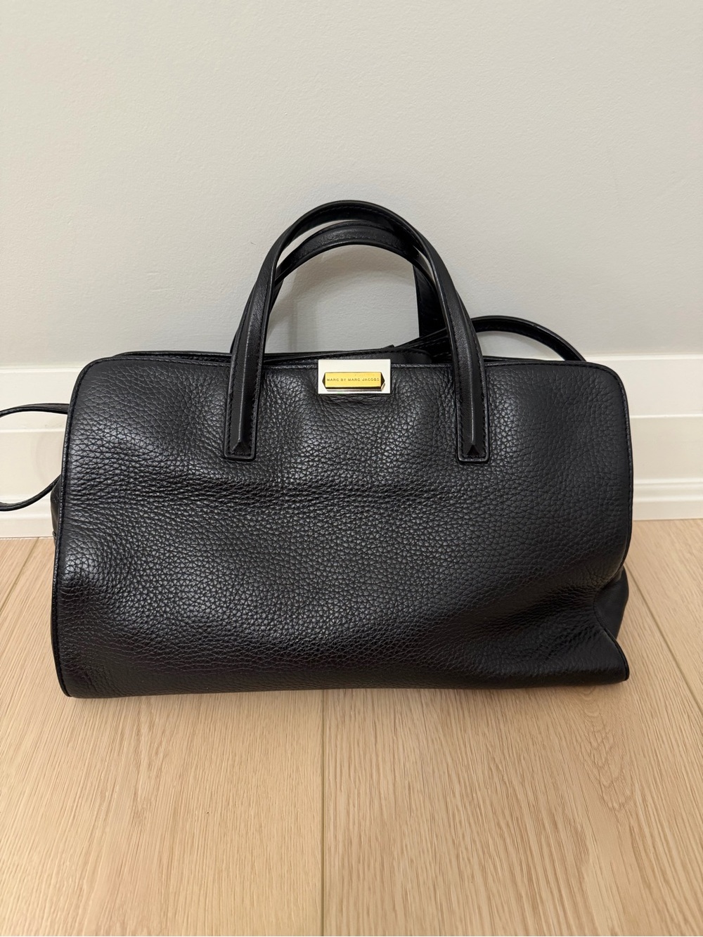 Marc Jacobs Black Pebbled Leather Barrel Duffel with Gold Plaque